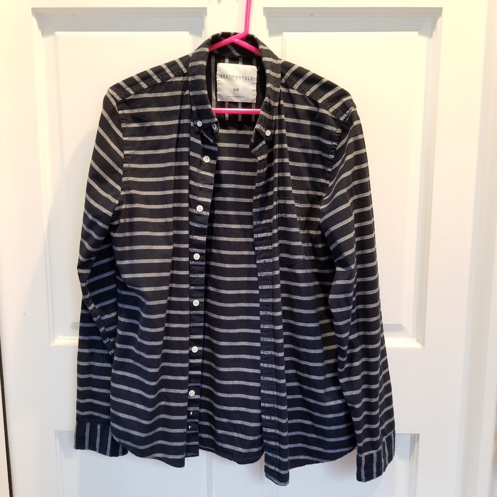 Blue and grey striped button up